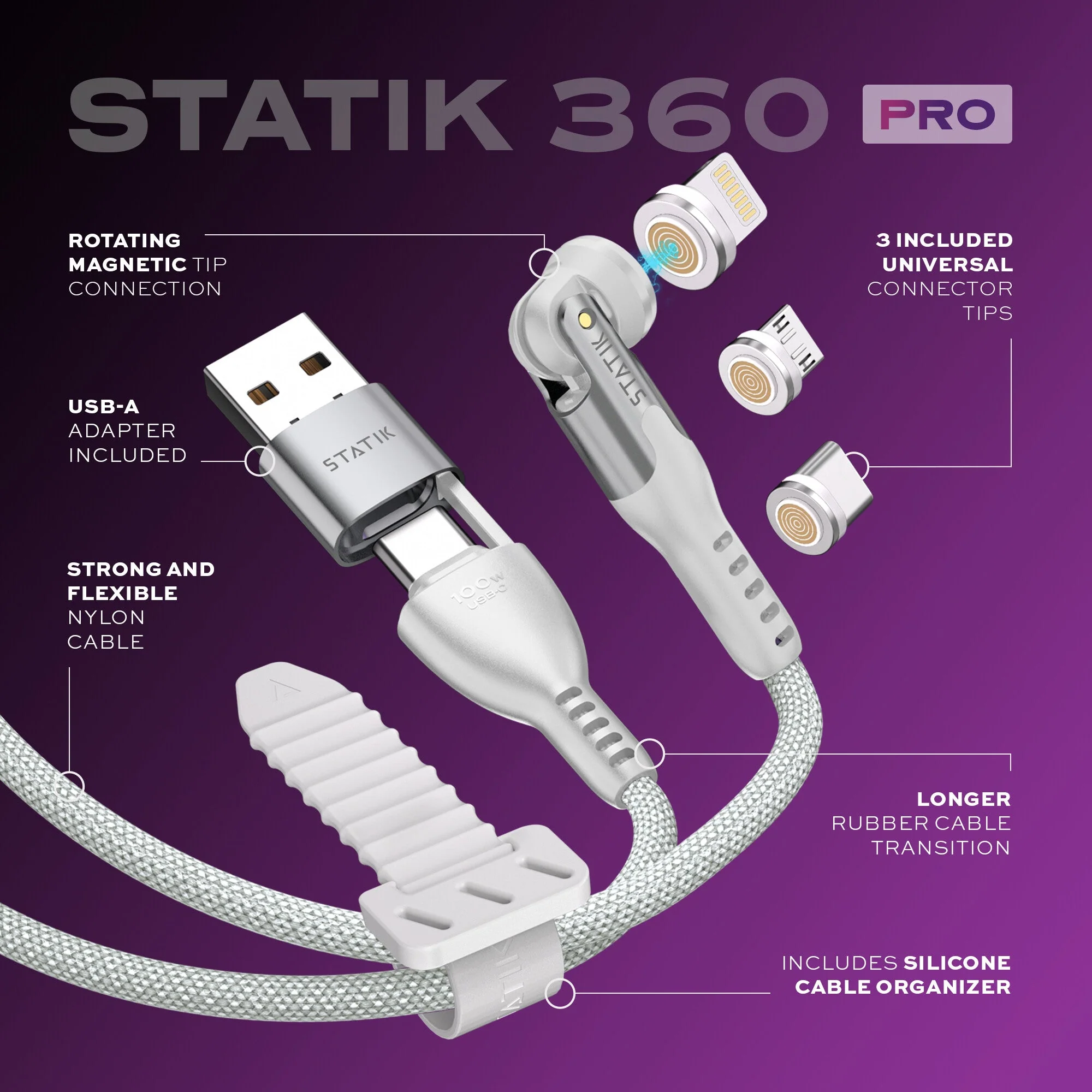 Statik® 360 Pro White | 100W Universal Charge & Data Cable | 6ft - Image 3